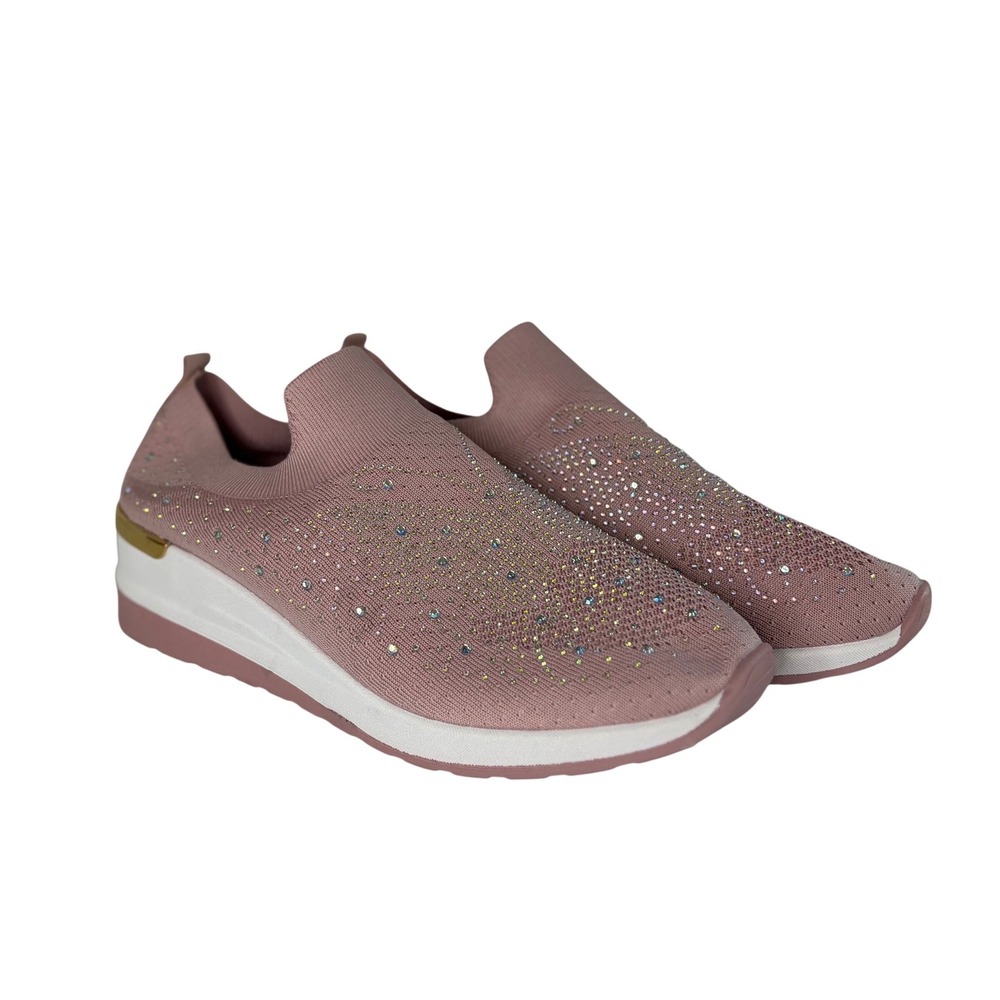 Pink Rhinestone Butterfly Knit Slip On Wedge Sneakers Gold Trim Womens Size 42